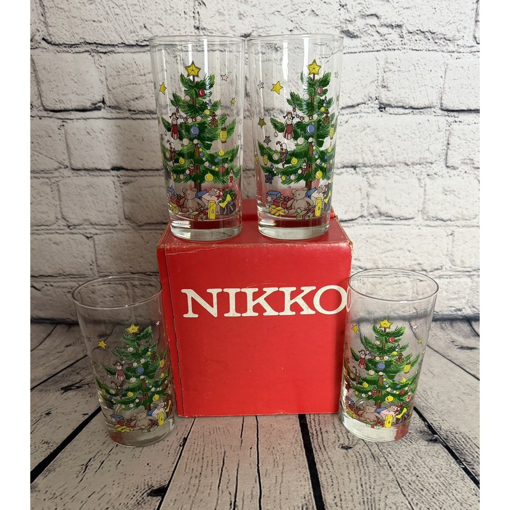 Vintage Nikko Christmas Tree Tumblers Highball Glasses Set of 4 in Box 12 oz